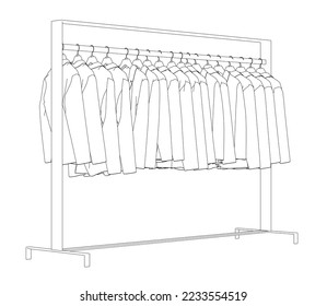 Outline of many jackets hanging on a hanger. Side view. 3D. Vector illustration.