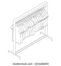 Outline of many t-shirts hanging on a hanger from black lines isolated on a white background. Isometric view. 3D. Vector illustration.