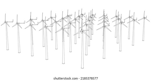Outline of many wind towers generating electricity from black lines isolated on a white background. Perspective view. Vector illustration.