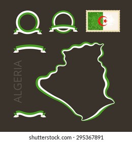 Outline map of Algeria. Border is marked with ribbon in national colors. The package contains frames in national colors and stamp with flag. 