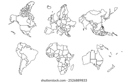 Esquema de Mapa de todos los continentes del mundo con regiones.