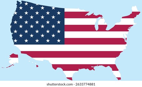 Outline of map of America with the American Stars and Stripes flag, independence day Day graphic isolated on a white background