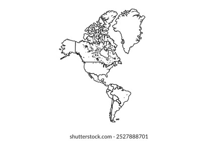 Mapa esquemático del continente americano, América del Sur, América del Norte, América Central, sobre un fondo blanco. ilustración de doodle lineal.