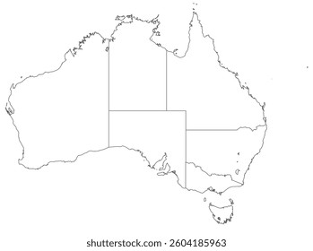 The outline of the map of Australia with the outline of the borders of the regions