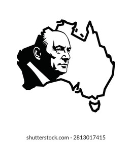 Outline map of Australia containing the black silhouette portrait of a political figure