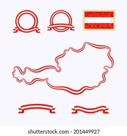 Outline map of Austria. Border is marked with a ribbon in the national colors. The package contains a stamp with flag and frames created from ribbon.