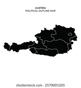 An outline map of Austria featuring its political subdivisions. The map includes distinct borders for each region, emphasizing the countrys geography.