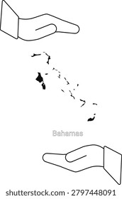 Outline map of the Bahamas country held between two open hands, symbolizing protection or support.