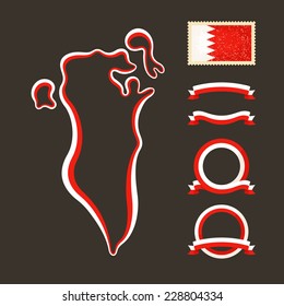 Outline map of Bahrain. Border is marked with ribbon in national colors. The package contains frames in national colors and stamp with flag. 