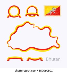 Outline map of Bhutan marked with line in national colors, ribbons and stamp with flag.