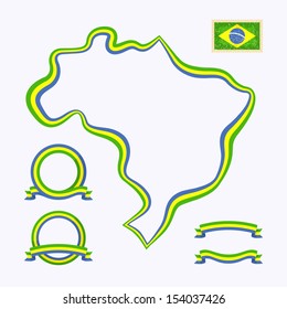 Outline map of Brazil. Border is marked with a ribbon in the national colors. The package contains a stamp with flag and frames. The file is made with no transparencies and gradients. 