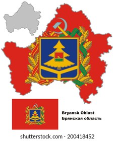 Outline map of Bryansk Oblast with flag. Regions of Russia. Vector illustration.