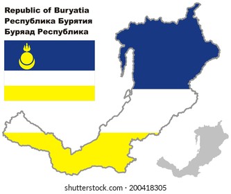 Outline map of Buryatia with flag. Regions of Russia. Vector illustration.