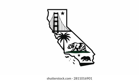 An outline map of California featuring the Golden Gate Bridge, a palm tree, and bear illustrations representing the state symbols.