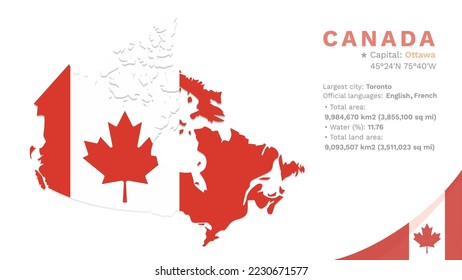 Outline map of Canada with National flag. Modern and simple design with text isolated on white background. Horizontal infographic. Editable vector illustration, EPS
