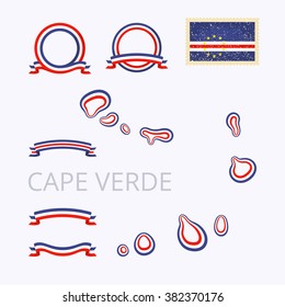 Outline map of Cape Verde. Border is marked with ribbon in national colors. The package contains frames in national colors and stamp with flag. 