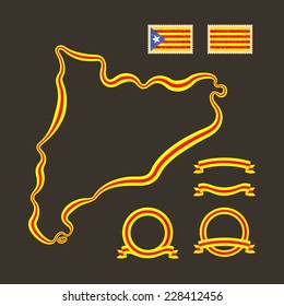 Outline map of Catalonia. Border is marked with ribbon in national colors. The package contains frames in national colors and stamp with flag . 