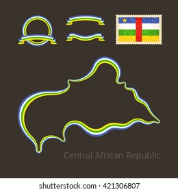 Outline map of Central African Republic. Border is marked with ribbon in national colors. The package contains frames in national colors and stamp with flag. 