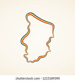 Outline map of Chad marked with ribbon in colors from the flag.