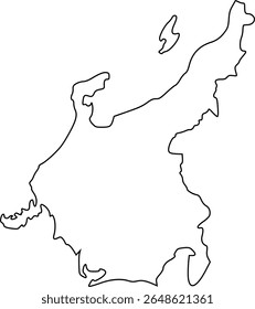 Mapa de Chubu, Japão. Vetor de linha preta fina desenhado à mão da região do Japão