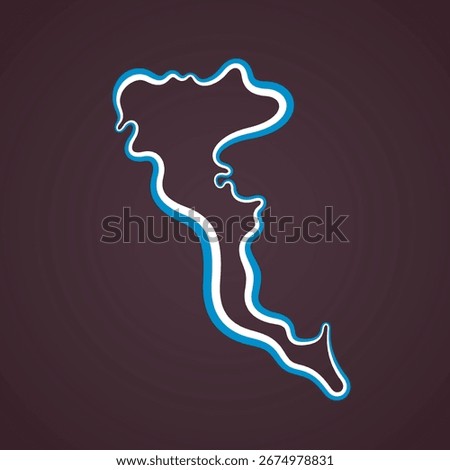Outline map of Corfu marked with ribbon in colors from the Greek flag.