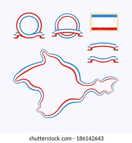Outline map of Crimea. Border is marked with a ribbon in the national colors. The package contains a stamp with flag and frames. 