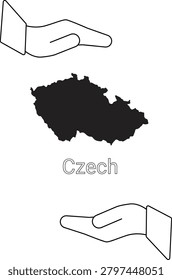 Outline map of the Czech Republic presented between two open hands, symbolizing care or support.