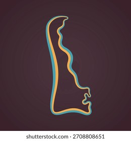 Outline map of Delaware marked with ribbon in colors from the flag.