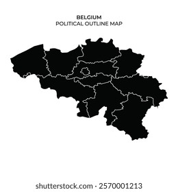 The outline map displays the political boundaries of Belgium, highlighting the countrys administrative divisions in a stark black silhouette on a white background.