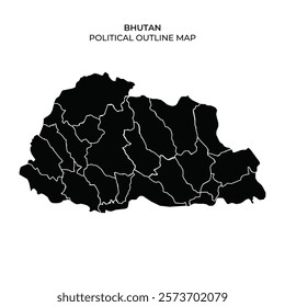 The outline map displays the political divisions of Bhutan, featuring various regions marked within the countrys boundary. This representation highlights strategic areas for reference.