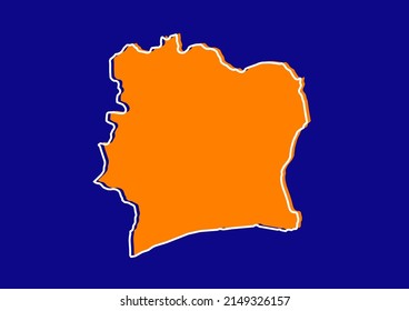 Outline map of Côte d'Ivoire, stylized concept map of Côte d'Ivoire. Orange map on blue background.