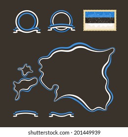 Outline map of Estonia. Border is marked with a ribbon in the national colors. The package contains a stamp with flag and frames created from ribbon. 