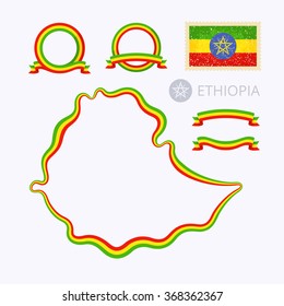 Outline map of Ethiopia. Border is marked with ribbon in national colors. The package contains frames in national colors and stamp with flag. 