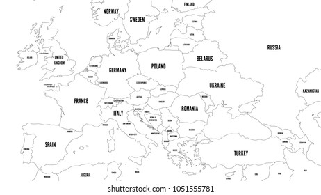 Outline map of Europe with Caucasian region. Simplified wireframe map of black lined borders. Vector illustration.