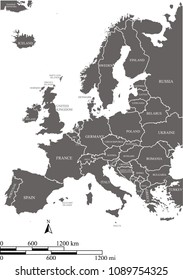 Outline map Europe countries labeled vector illustration with scales of miles and kilometers. European countries map with mileage and kilometer scales