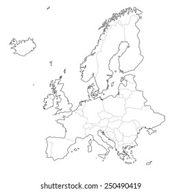 Outline map of Europe on white background. Vector illustration