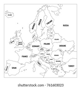 Outline map of Europe. Simplified wireframe map of black lined borders. Vector illustration.