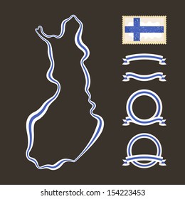 Outline map of Finland. Border is marked with a ribbon in the national colors. The package contains a stamp with flag and frames. The file is made with no transparencies and gradients. 