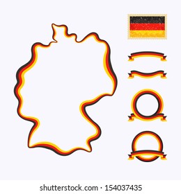 Outline map of Germany. Border is marked with a ribbon in the national colors. The package contains a stamp with flag and frames. The file is made with no transparencies and gradients. 