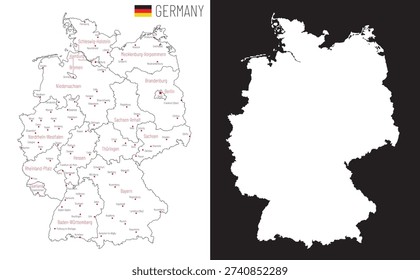 Outline map of Germany with main cities and states, vector illustration on white background	
