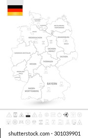 Outline map of Germany with nuclear power plants. Nuclear Power technology thin icon set.