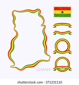 Outline map of Ghana. Border is marked with ribbon in national colors. The package contains frames in national colors and stamp with flag. 