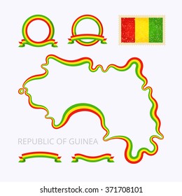 Outline map of Guinea. Border is marked with ribbon in national colors. The package contains frames in national colors and stamp with flag. 