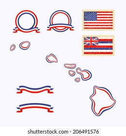 Outline map of Hawaii (USA). Border is marked with a ribbon in the national colors. The package contains a stamp with flag and frames. 