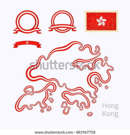Outline map of Hong Kong. Border is marked with ribbon in national colors. The package contains frames in national colors and stamp with flag. 