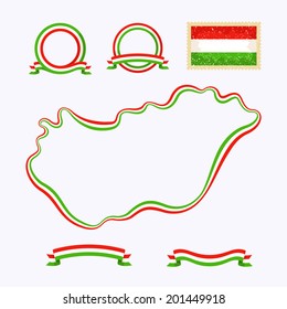 Outline map of Hungary. Border is marked with a ribbon in the national colors. The package contains a stamp with flag and frames created from ribbon.
