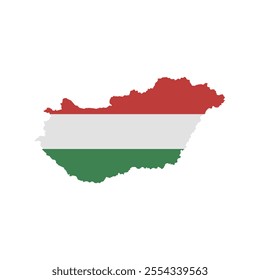 Outline map of Hungary filled with red, white, and green flag colors, representing national pride and cultural heritage, perfect for geographic and symbolic design purposes.