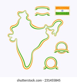 Outline map of India. Border is marked with ribbon in national colors. The package contains frames in national colors and stamp with flag. 
