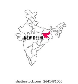 Outline map of India highlighting New Delhi as the capital in bold text.