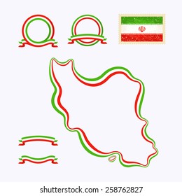 Outline map of Iran. Border is marked with ribbon in national colors. The package contains frames in national colors and stamp with flag. 